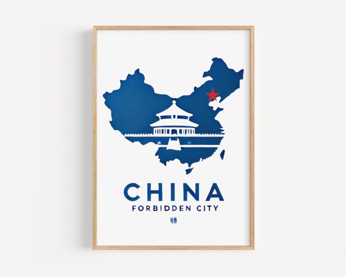 China Blue Country Map With Forbidden City Landmark Art Poster