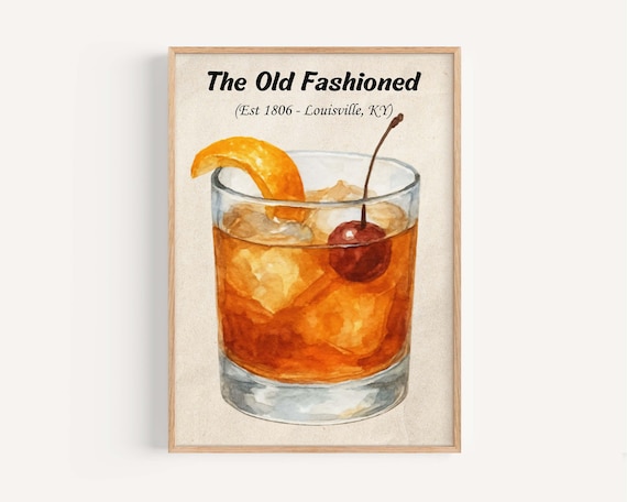 The Old Fashioned Classic Whiskey Cocktail Watercolor Est 1806 Poster