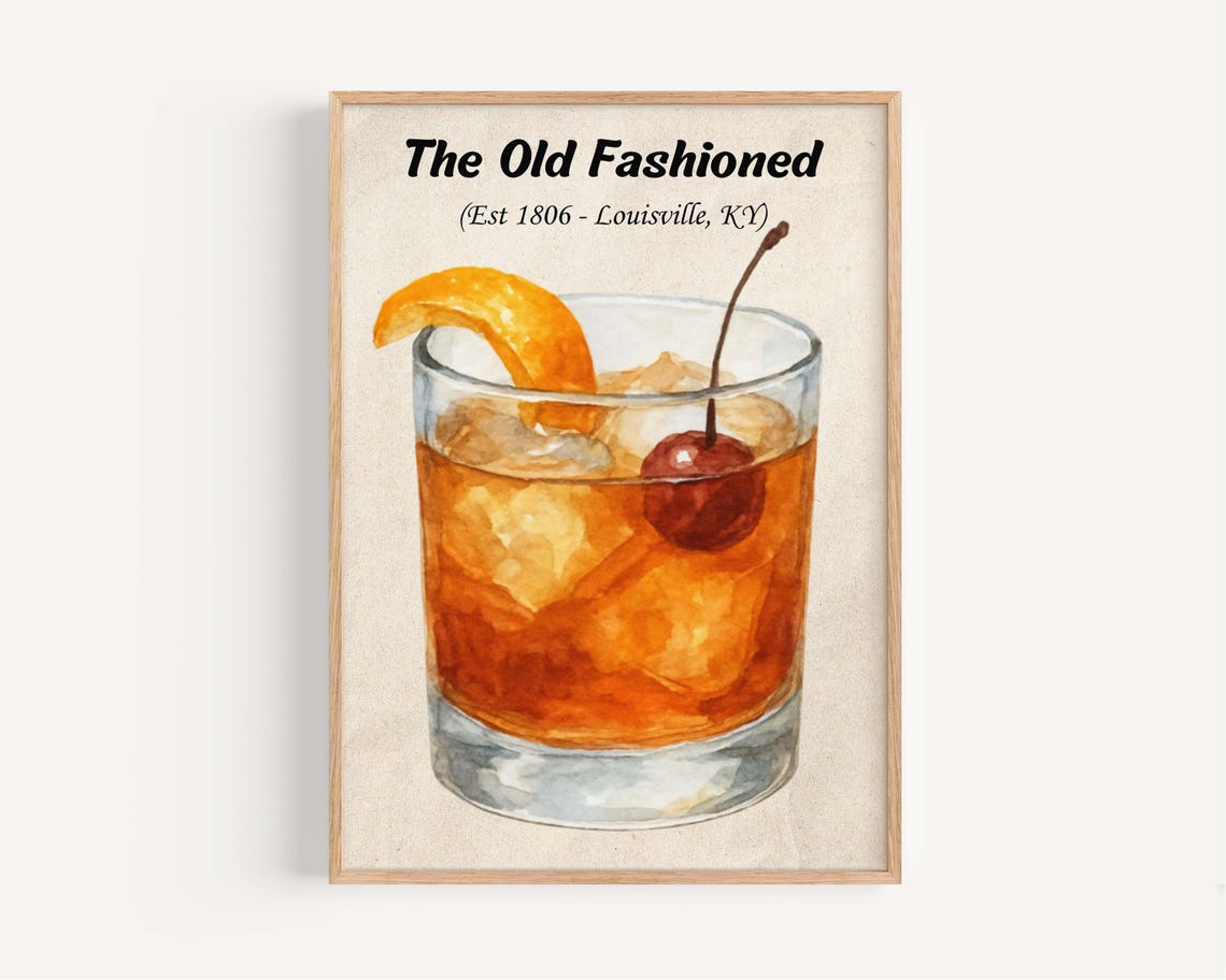 The Old Fashioned Classic Whiskey Cocktail Watercolor Est 1806 Poster