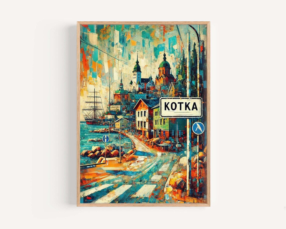 Kotka Finland Harbor Sailing Ship Colorful City Painting Poster