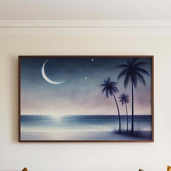 Moonlit Beach Night Palm Trees Crescent Moon Watercolor Print