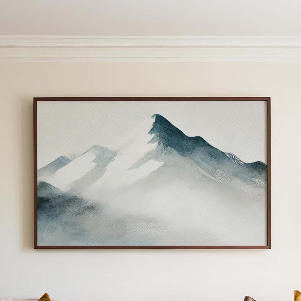 Soft Blue Watercolor Mountain Ridge Wrapped in Clouds Art Print
