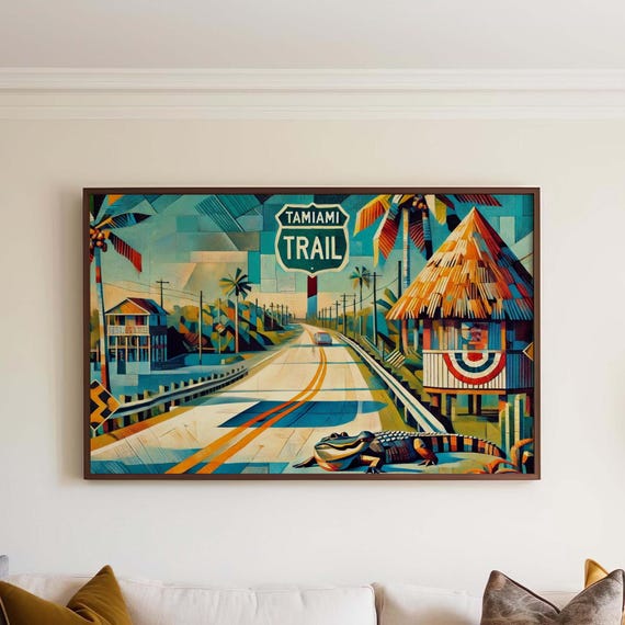 Florida Art Tamiami Trail Wall Print Travel Poster Housewarming Gift Decor Coastal Road Map Artwork