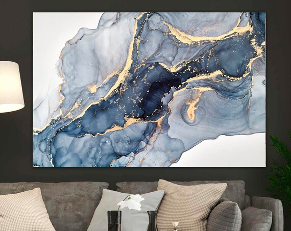 Blue Gold Marble Ink Abstract Luxury Modern Fluid Marble Wall Art