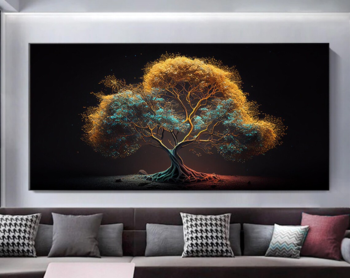Glowing Tree of Life Gold Turquoise Cosmic Black Background Poster