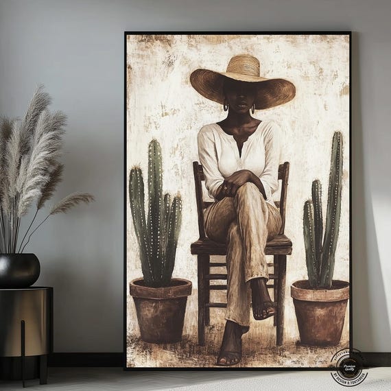 Minimal African Woman Portrait Modern Cactus Art Print Black Wall Decor Boho Afro Canvas