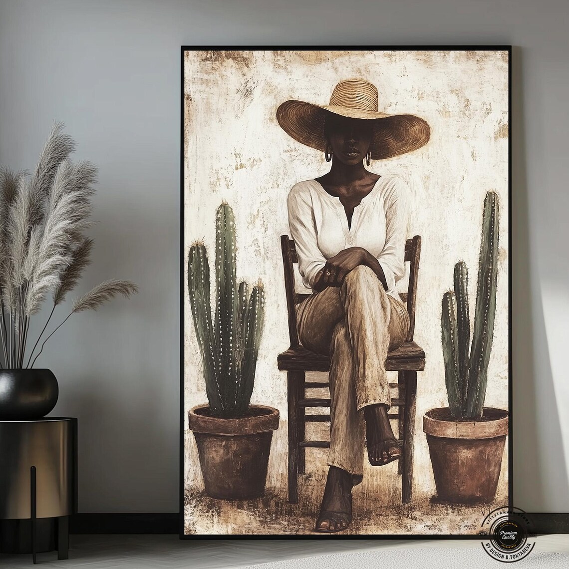 African Woman in Straw Hat Seated Between Cacti Earth Tone Poster