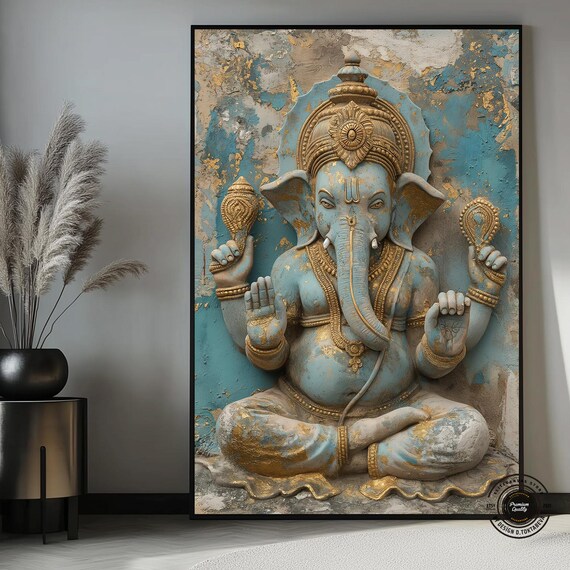 Lord Ganesha Spiritual Art Framed Canvas Painting Ganesh Wall Hindu God Diwali Religious