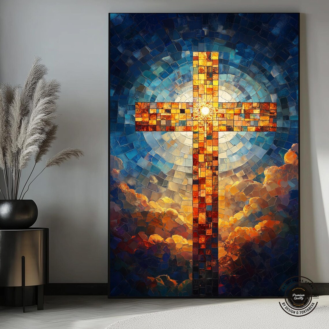 Glowing Mosaic Cross in Gold and Orange on Blue Stained Glass Art Poster