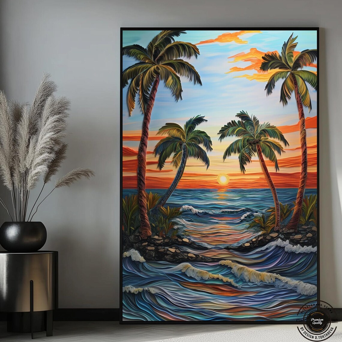 Palm Trees Tropical Sunset Beach Colorful Ocean Waves Art Poster
