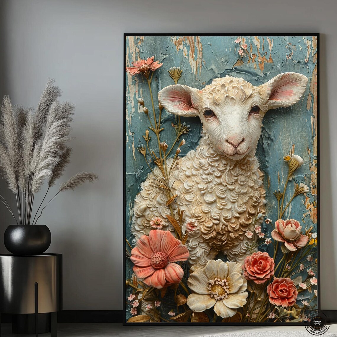 Cute Lamb with Curly Wool Among Flowers Rustic Relief Style Poster