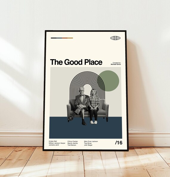 The Good Place TV Series Minimalist Midcentury Poster With Couch Duo Scene