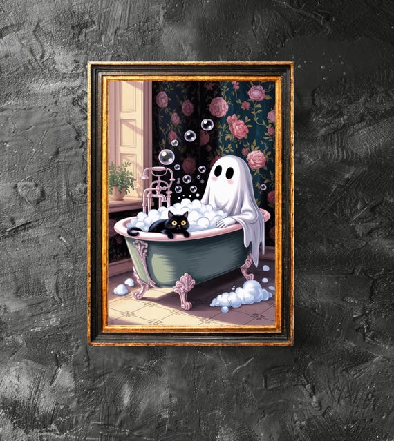 Cat In Bathtub Poster Spooky Bubblebath Art Retro Halloween Print Bathroom Decor