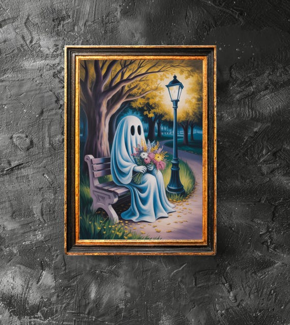 Holding A Flowers On The Bench Poster Spooky Wall Art Vintage Painting Halloween