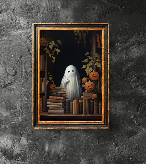 At The Book Shelf Poster Lover Gift Spooky Dark Academia Print Halloween Pumpkin Wall Art