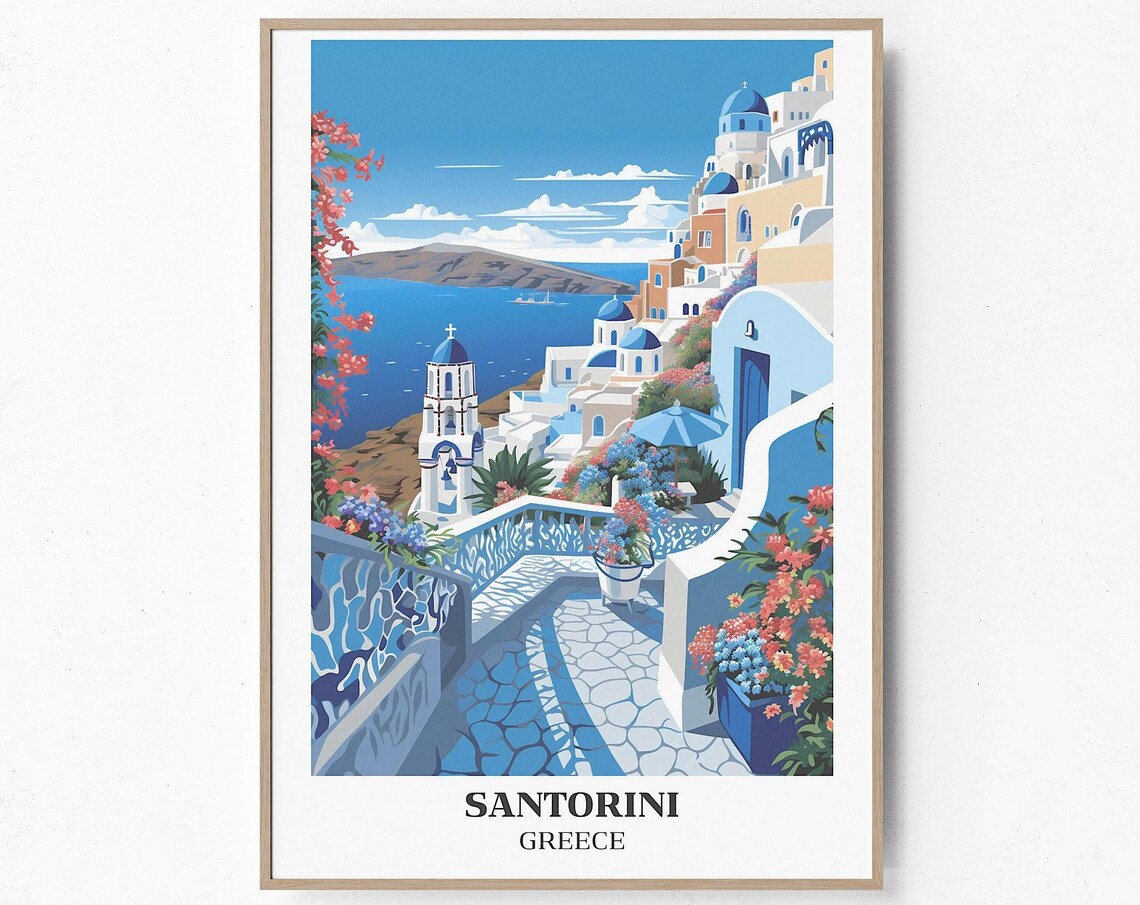Santorini Greece Blue Domed Churches Flower Stairway Aegean Sea Poster
