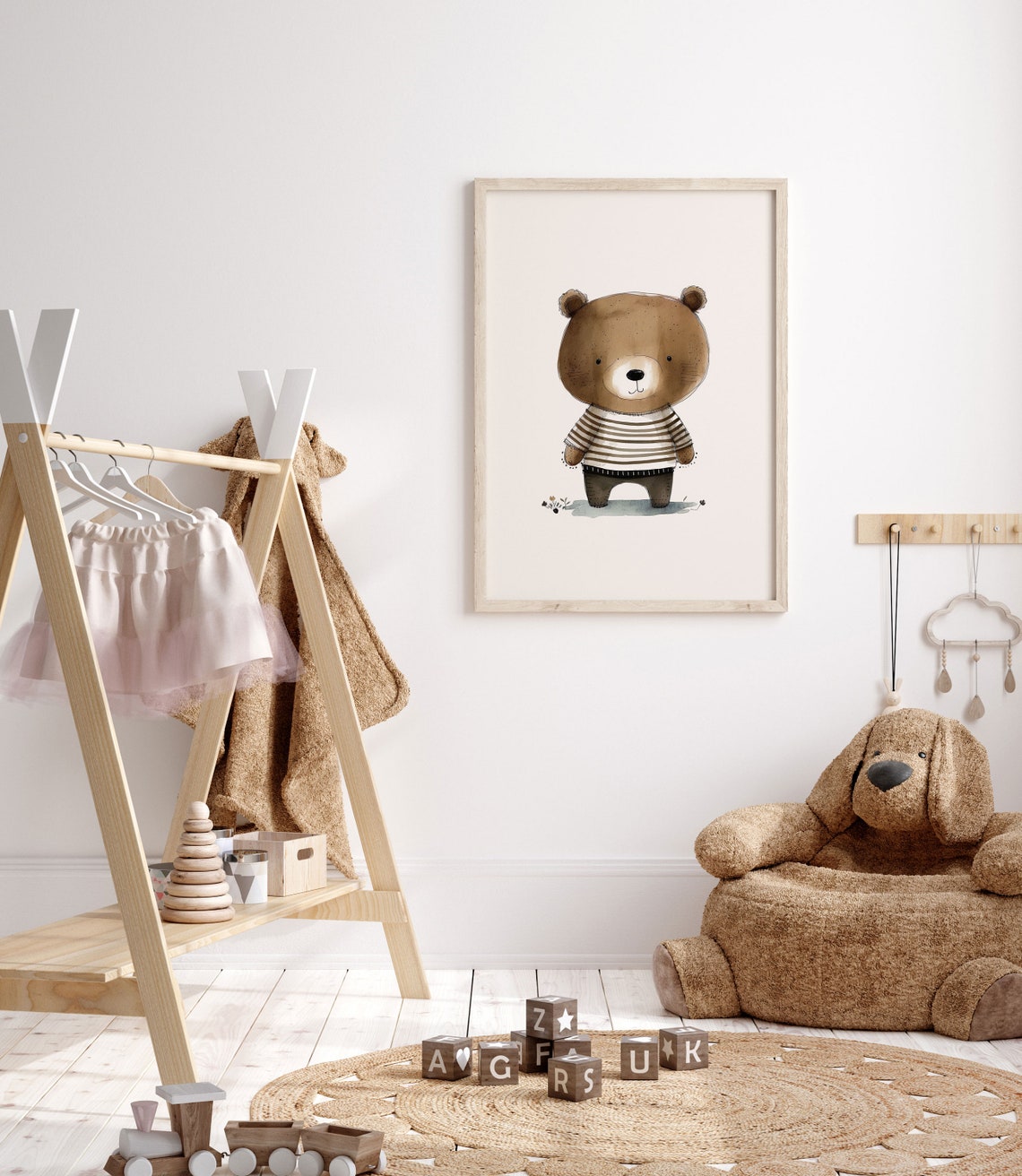Cute Teddy Bear Striped Shirt Watercolor Nursery Kids Poster - Image 2