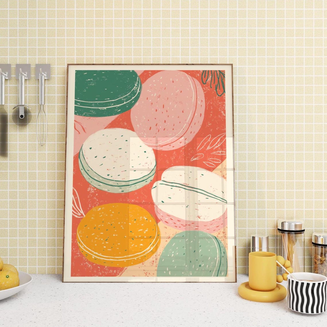Colorful Pastel Macaron Sweets Playful Modern Kitchen Decor Poster