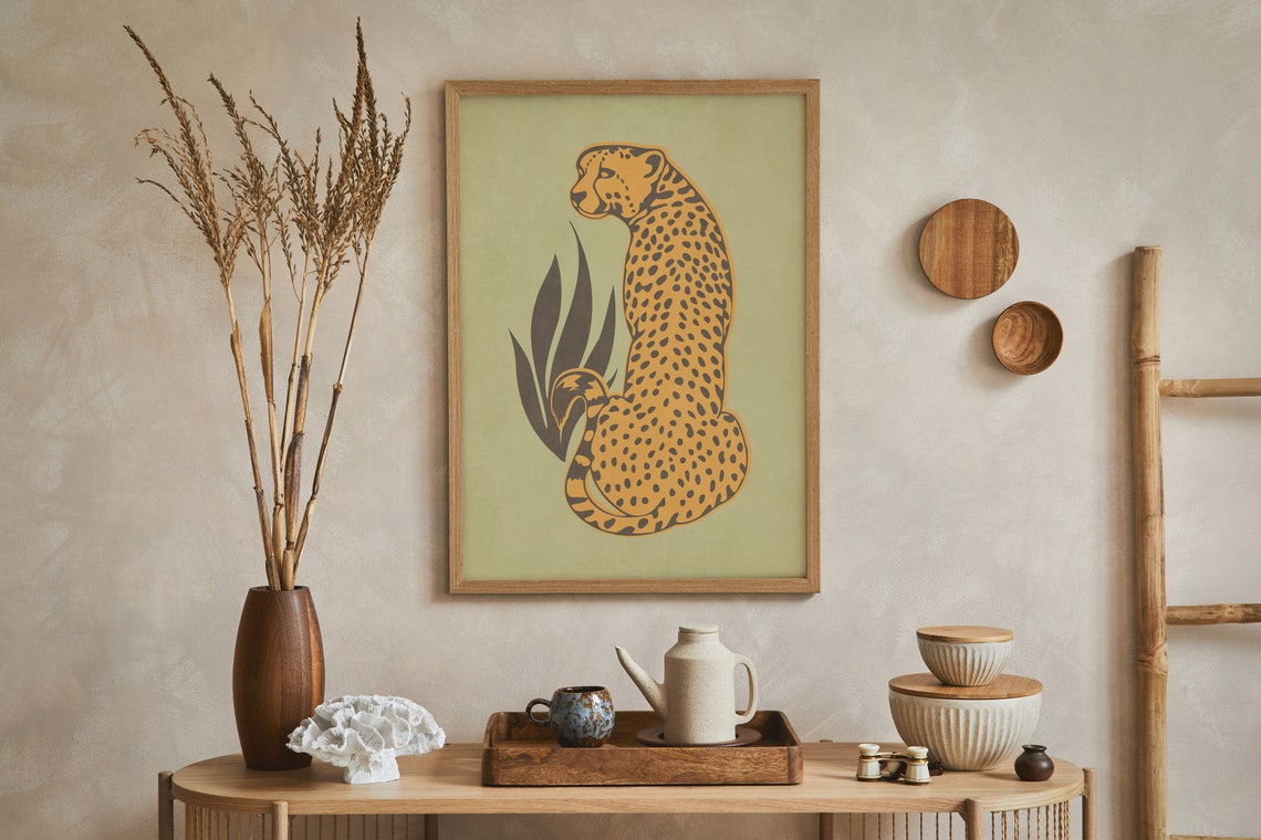 Minimalist Seated Cheetah Illustration On Sage Green Wall Art