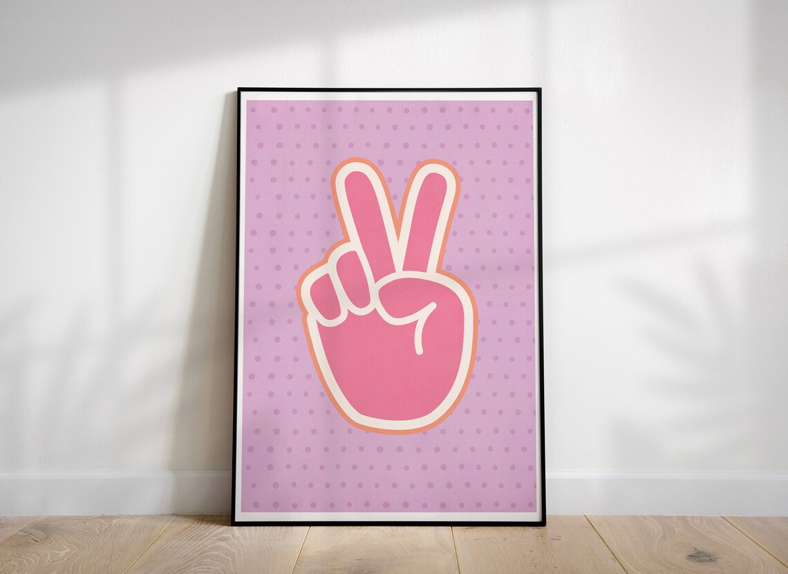 Pink Peace Hand Sign Retro Pop Art Trendy Y2K Room Decor Poster