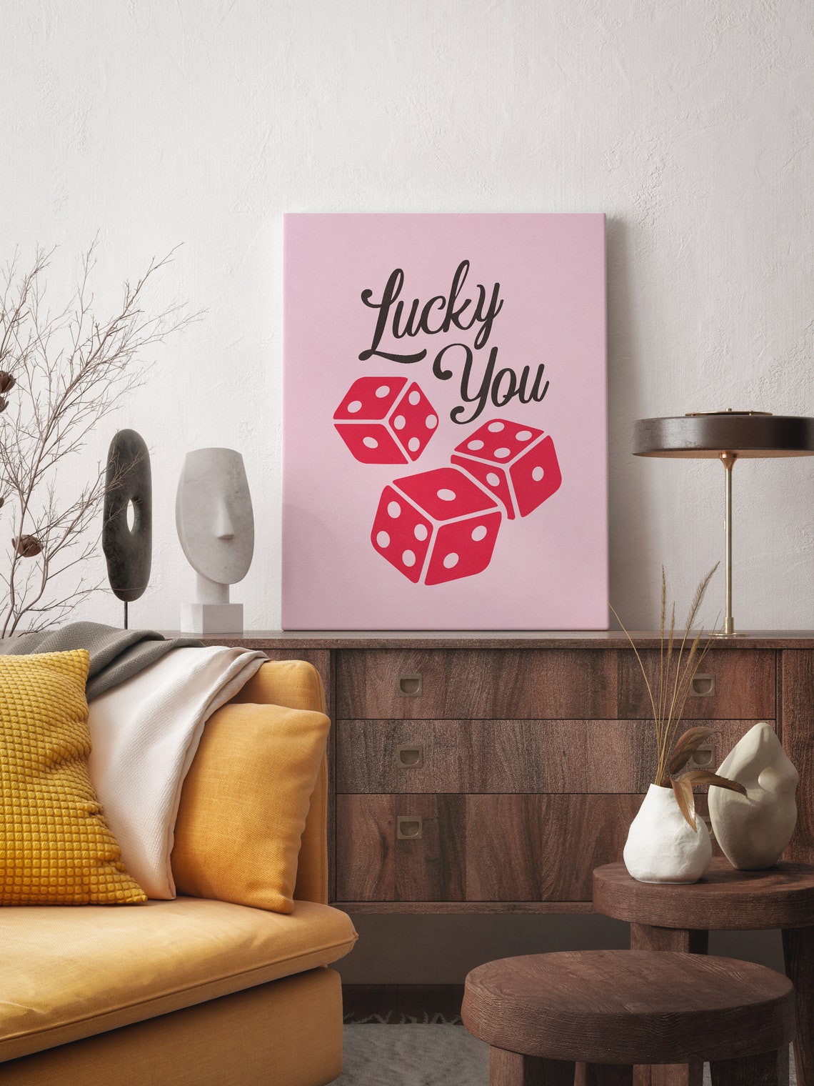 Lucky You Pink Retro Red Dice Fun Playful Minimalist Wall Art