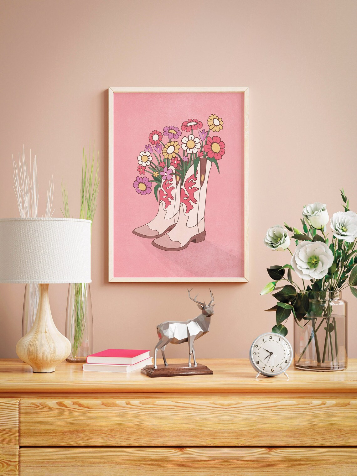 Pink Cowboy Boots Retro Floral Bouquet Western Illustration Poster