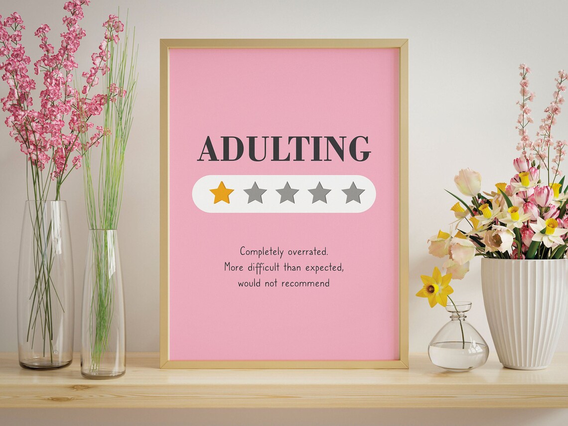 Adulting One Star Review Funny Office Quote Poster in Soft Pink - Image 2