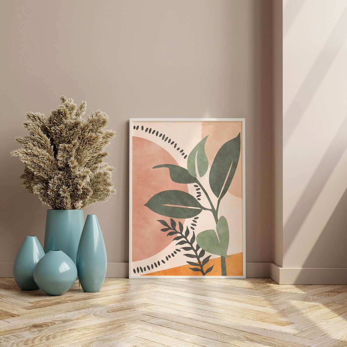 Boho Sage Green Botanical Leaf Minimalist Abstract Home Wall Art - Image 2