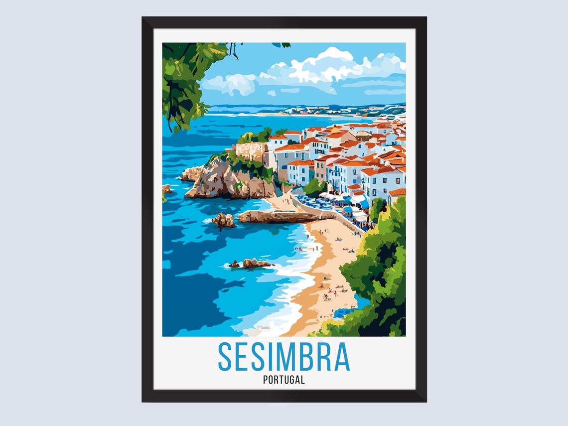Sesimbra Portugal Coastal Cliff Town Beach Vintage Travel Poster