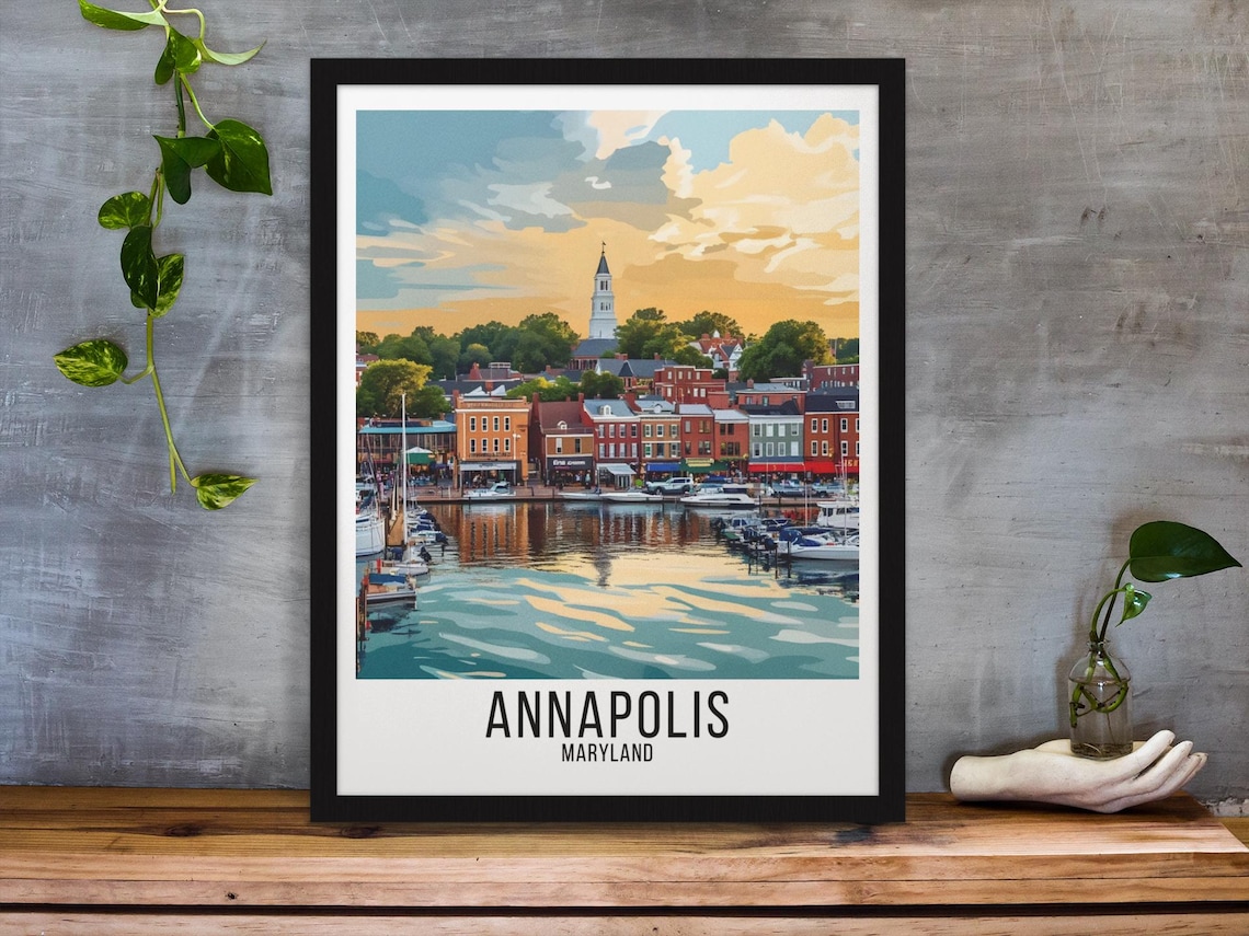 Annapolis Maryland Harbor Waterfront Boats Dusk Vintage Poster