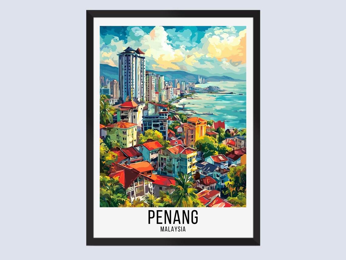 Penang Malaysia Coastal Cityscape Aerial Bay Vintage Travel Poster