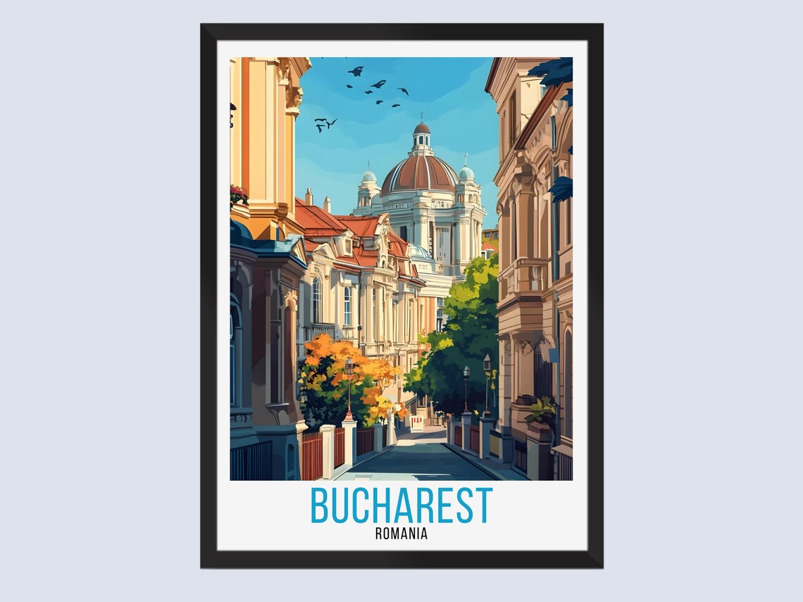 Bucharest Romania Domed Building Old Town Street Vintage Travel Poster