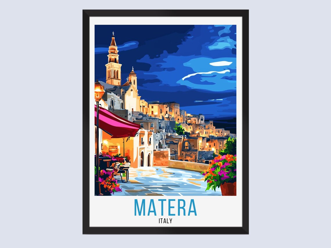 Matera Italy Vintage Night Travel Art of Cathedral and Old Town Poster