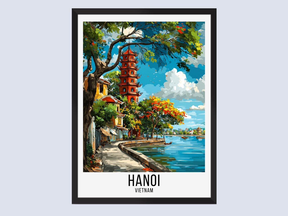 Hanoi Vietnam Lakeside Pagoda Tower Promenade Retro Travel Poster
