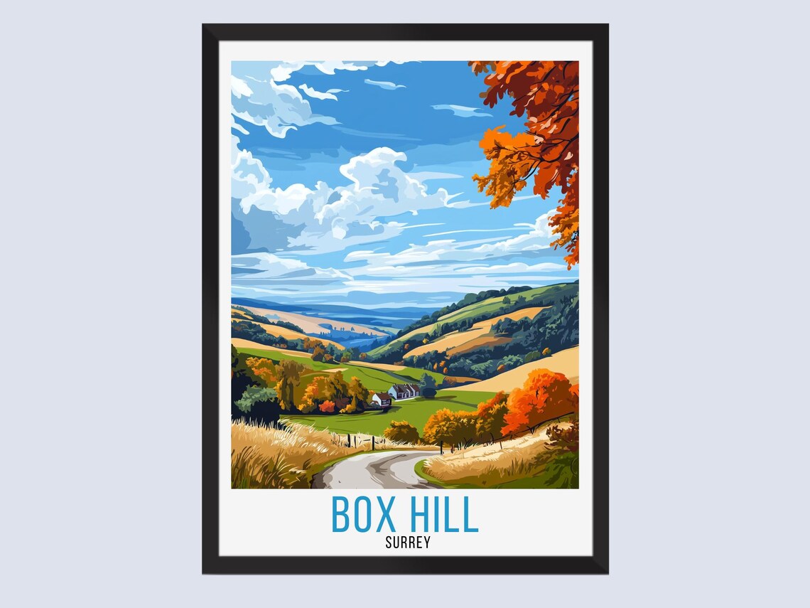 Box Hill Surrey Rolling Countryside Autumn Road Retro Travel Poster