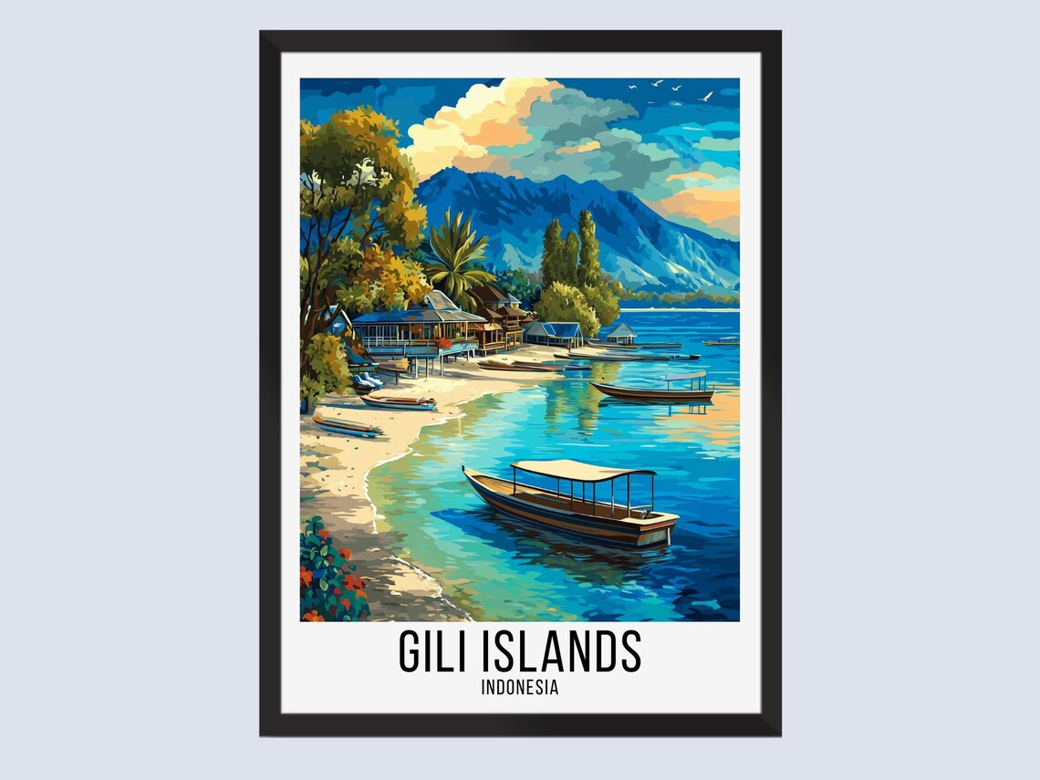 Gili Islands Indonesia Tropical Beach Boats Blue Sea Travel Poster