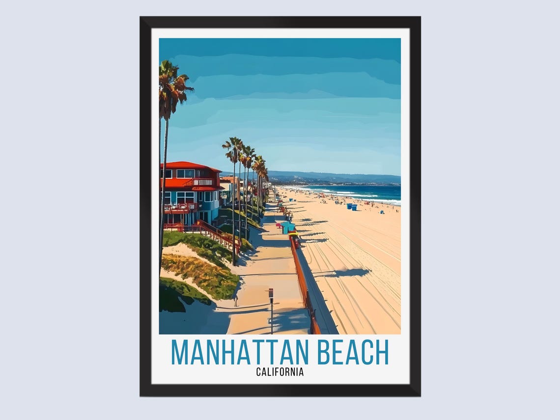 Manhattan Beach California Palms Beach Path Scene Vintage Poster