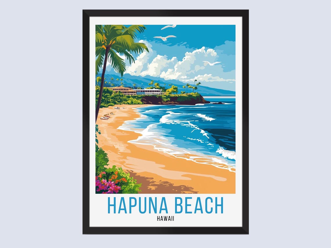 Hapuna Beach Hawaii Vintage Travel Style Palm Cove Tropical Print