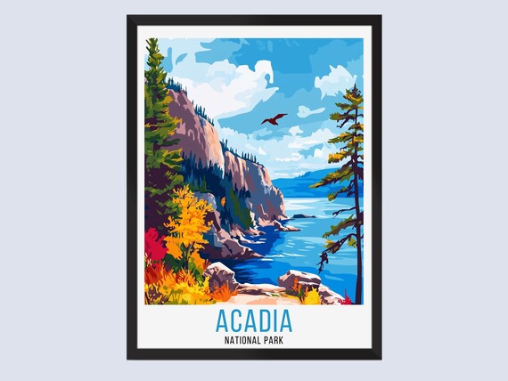 Acadia National Park Rocky Coastline Autumn Fall Vintage Poster