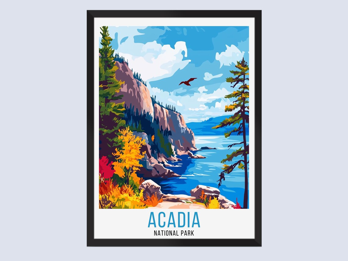 Acadia National Park Rocky Coastline Autumn Fall Vintage Poster