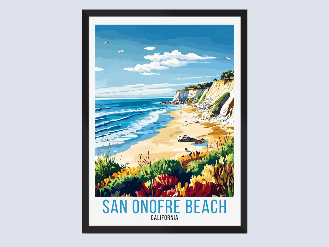 San Onofre Beach California White Cliffs Wildflowers Travel Poster