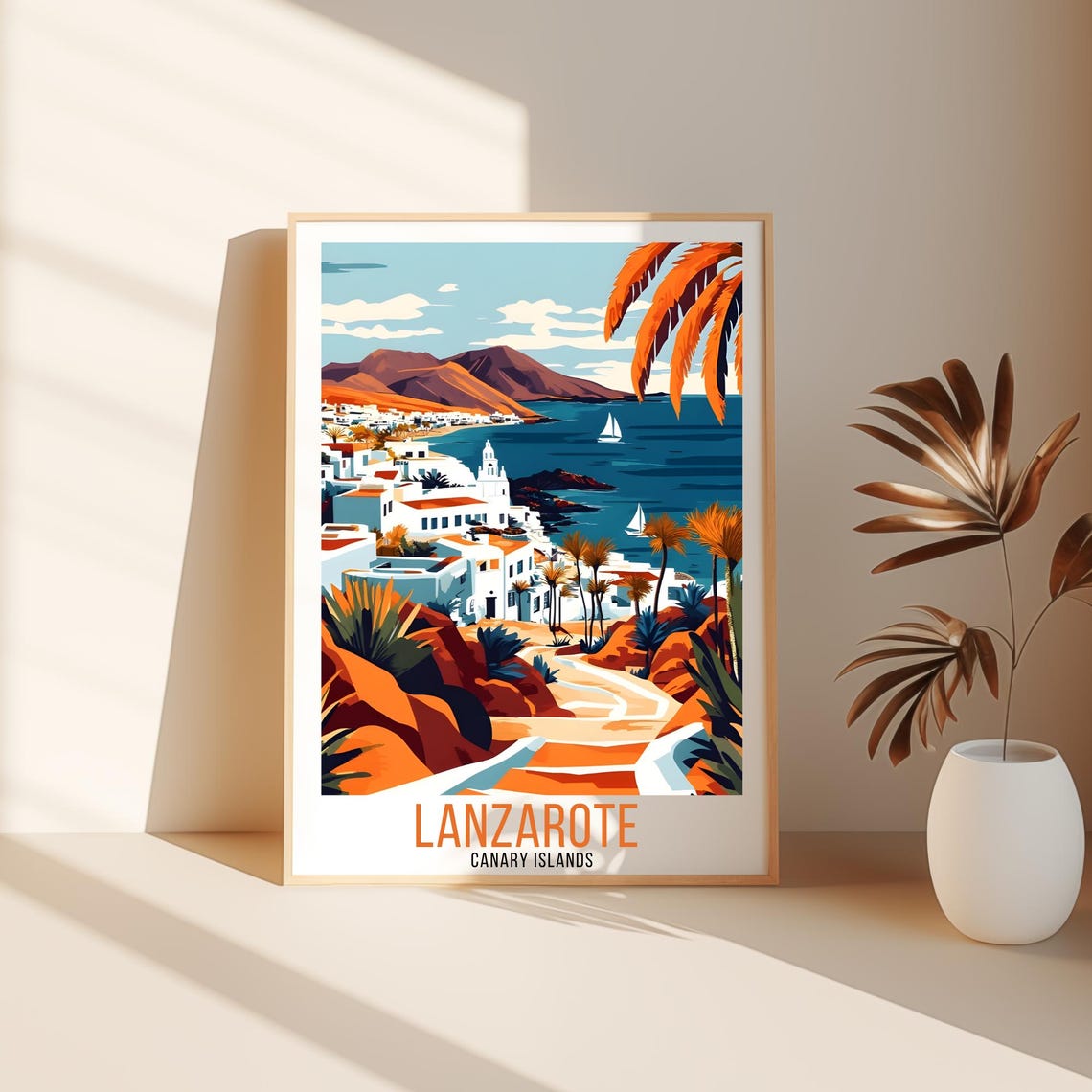 Lanzarote Canary Islands Village Coast View Sunny Vintage Poster