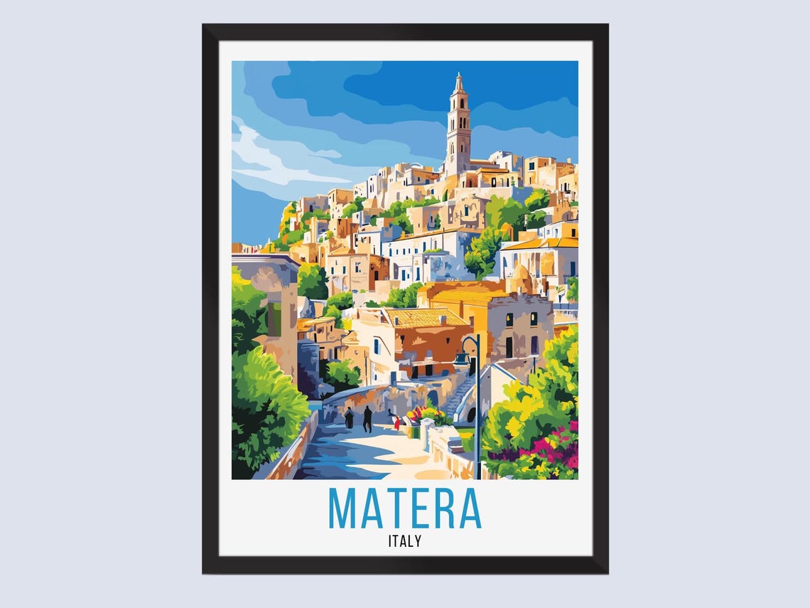 Matera Italy Hilltop Old Town Bell Tower Sunny Vintage Travel Poster