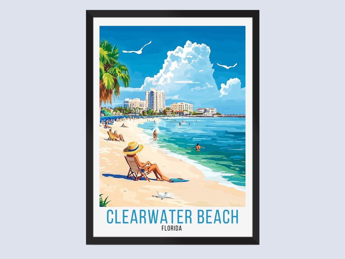 Clearwater Beach Florida Sunny Shoreline Swimmers Travel Poster