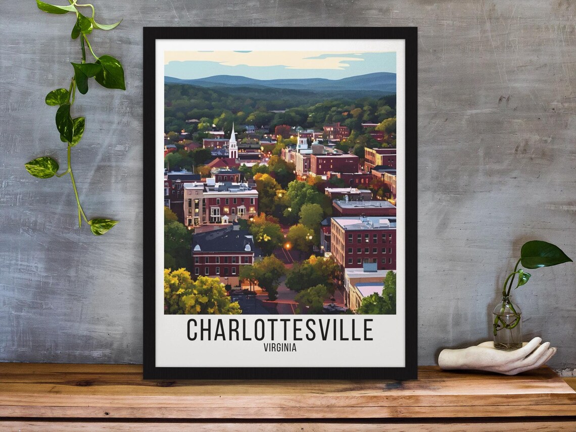 Charlottesville Virginia Downtown Dusk Mountains Vintage Poster