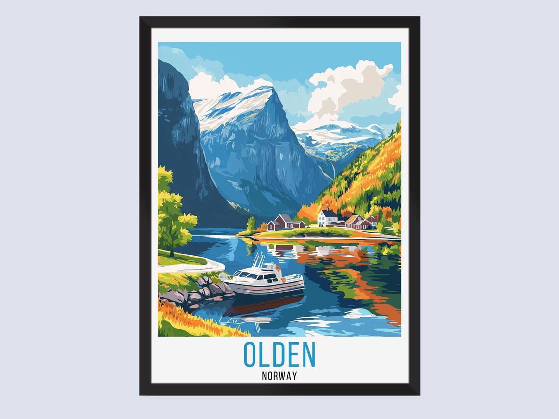 Olden Norway Fjord Boat Cabins Mountain Water View Travel Poster