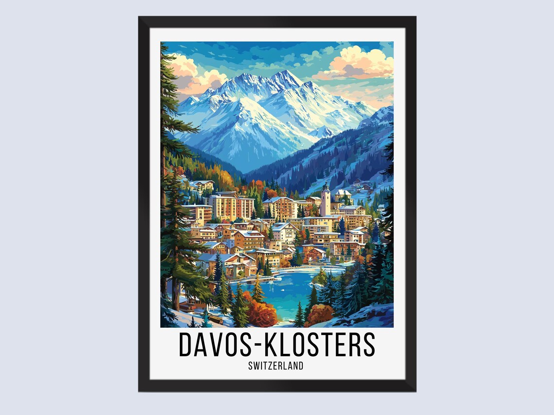 Davos Klosters Switzerland Snowy Alpine Village Travel Poster