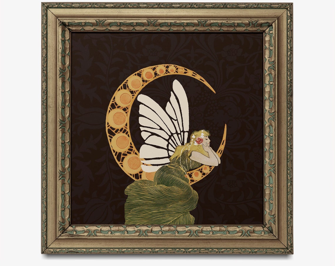 Vintage Woman and Moon, Art Nouveau Moon Print