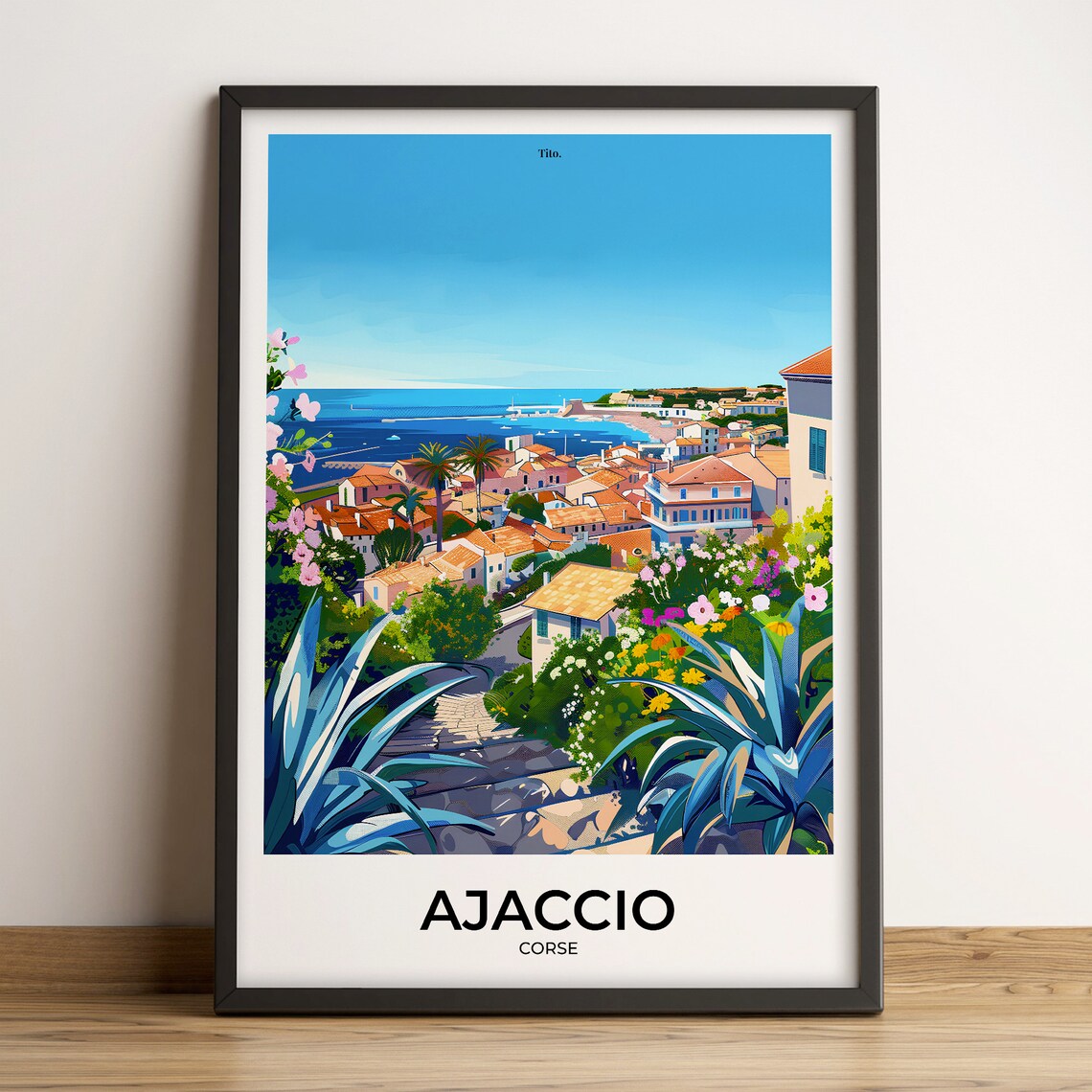 Ajaccio Corsica Bay Overlook Flower Garden Illustrated Poster