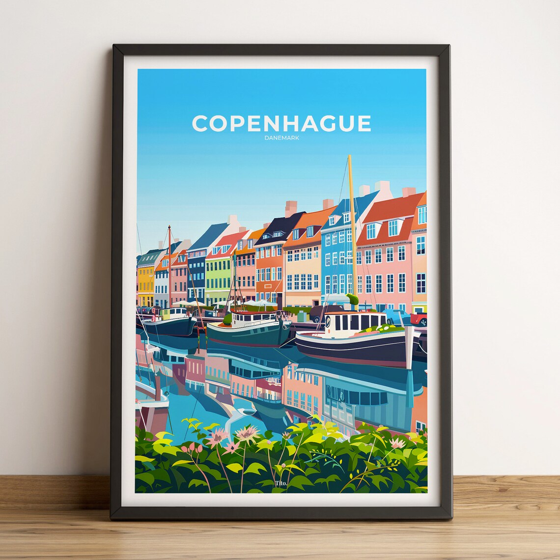 Copenhagen Denmark Harbor Houses Sailboats Vintage Travel Poster